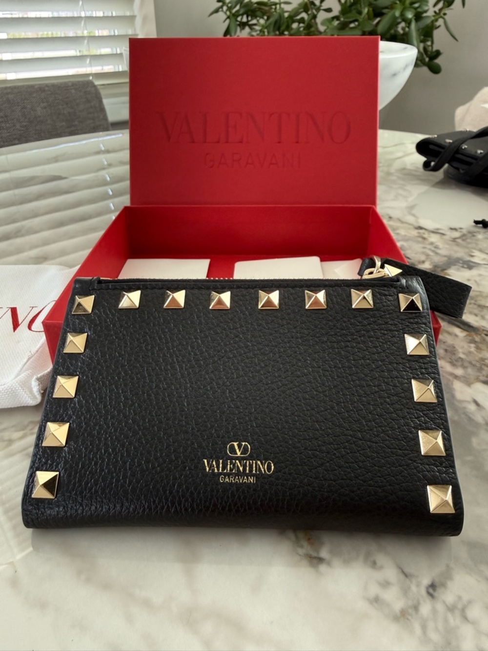 Valentino Garavani Black Leather Rockstud Wallet with Gold Studs
